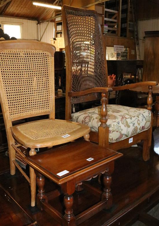 Small oak side table, a high-back caned oak chair and a nursing chair with caned seat and back, tall metal tripod candle base(-)